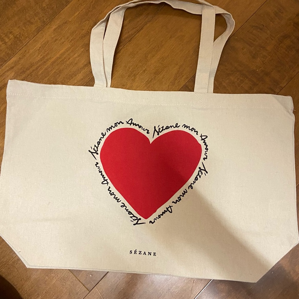 Sezane Cream and Red Heart Tote Bag